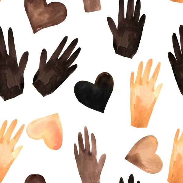 Black Lives Matter Watercolor Seamless Pattern White Background Hands Heart — Stock Photo, Image