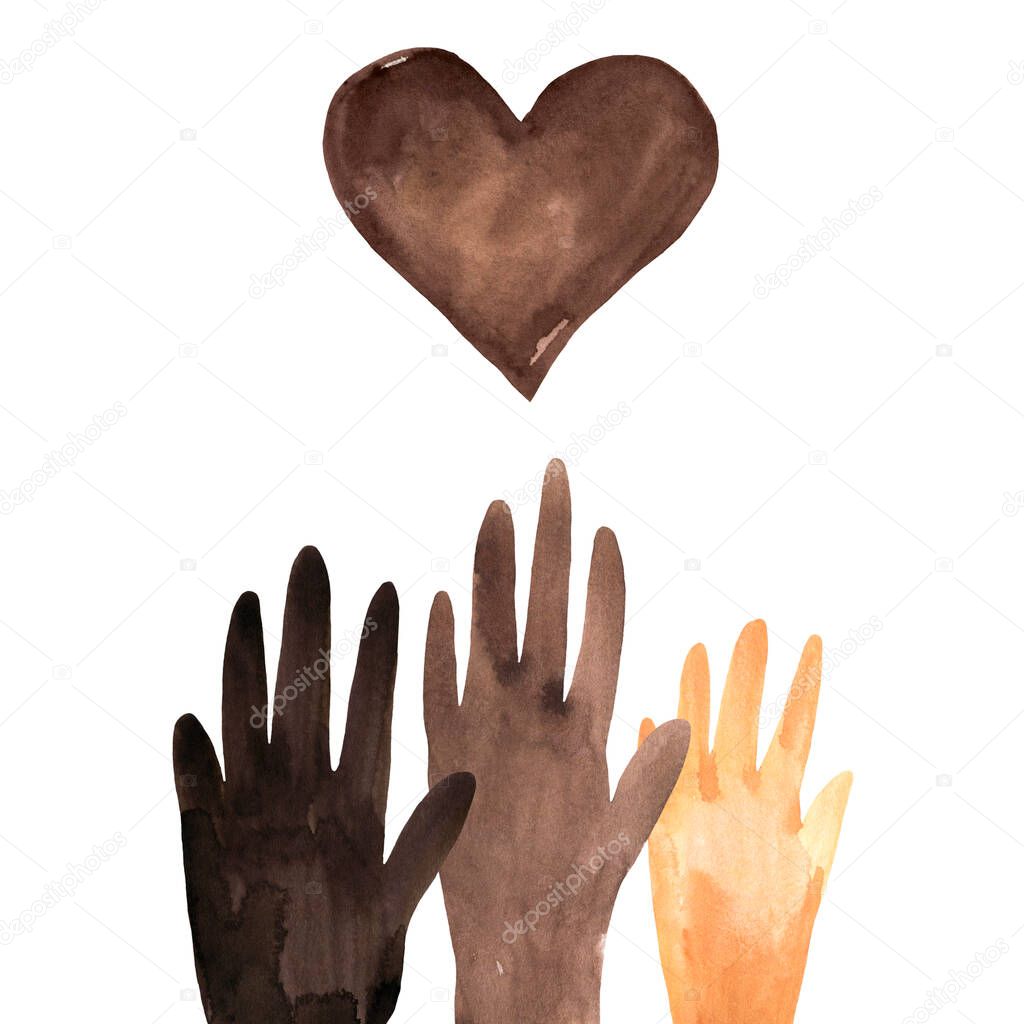 Black Lives Matter Watercolor Illustration Isolated on White Background. Hands, Heart Sign of Peace and Friendship