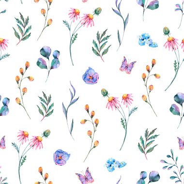 Suluboya yaz çiçekleri beyaz arka planda yaban çiçeklerinin pürüzsüz deseni. Doğal bağbozumu çiçek dokusu. Boho çiçekli duvar kağıdı.