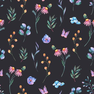 Suluboya yaz çiçekleri siyah arka planda yaban çiçeklerinin pürüzsüz deseni. Doğal bağbozumu çiçek dokusu. Boho çiçekli duvar kağıdı.