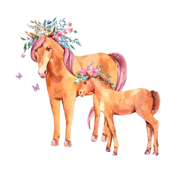 Watercolor floral horse illustration isolated on white background. Animal kids natural collection, summer wildflowers. Baby sower greeting card.