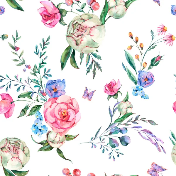 白い背景にバラ 野花の水彩夏の花のシームレスなパターン 自然なヴィンテージの花の質感 Bohoの花壁紙 — ストック写真