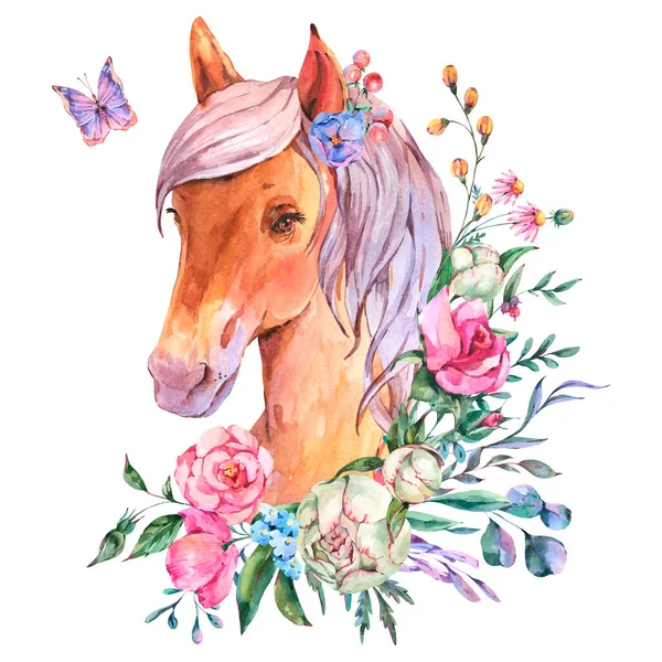 Aquarell Florale Pferdeillustration Isoliert Auf Weißem Hintergrund Animal Kids Natural — Stockfoto