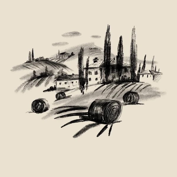 意大利风景画铅笔 古色古香的旅游素描 乡村夏季风景 — 图库照片