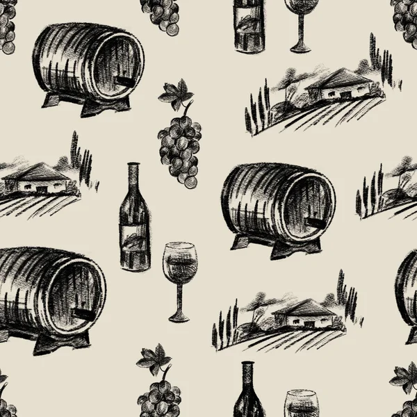 Vinařství Tužka Kreslení Bezešvé Vzor Krajina Vinobraní Tapety Italská Textura — Stock fotografie