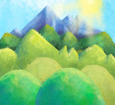 Suluboya yazlık dağ manzarası, doğal güneşli kır manzarası. Çam ağacı ormanı