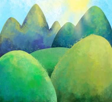 Suluboya yazlık dağ manzarası, doğal güneşli kır manzarası. Çam ağacı ormanı