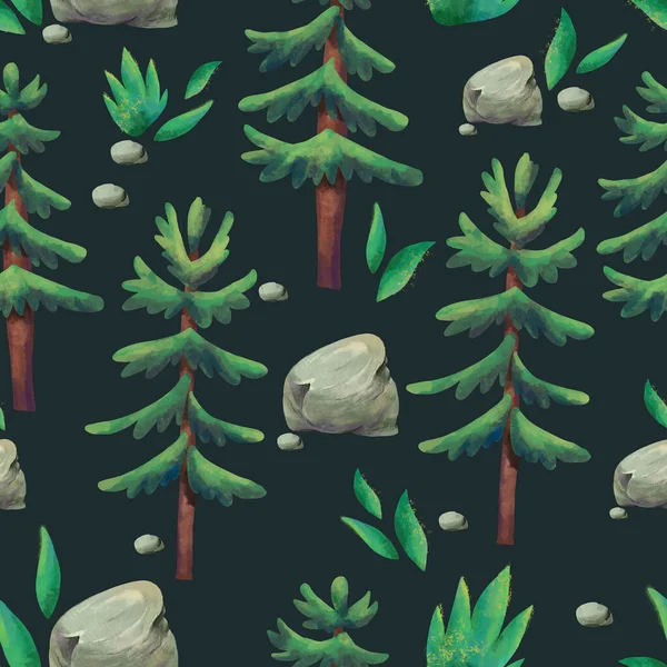 Акварельная Сосна Бесшовный Узор Вечнозеленый Лес Рождественская Текстура Черном Фоне — стоковое фото