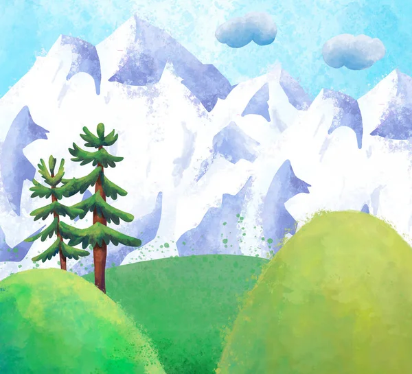 Акварель Горный Пейзаж Деревьями Снежные Горы Углу Летние Зеленые Поля — стоковое фото