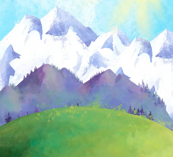 Akvarel Horská Krajina Stromy Zasněžené Hory Rohu Letní Zelená Pole — Stock fotografie