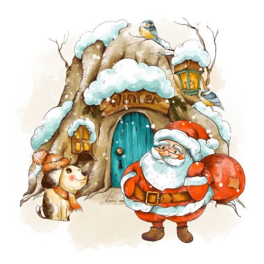 Şirin Noel Baba, kış köpeği, klasik Noel tebrik kartı. Karla kaplı orman peri masalı evi. Yılbaşı tatili illüstrasyonu.