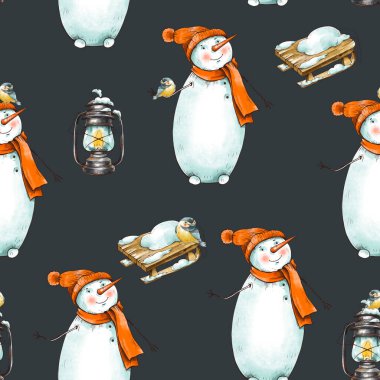 Kırmızı şapkalı sevimli bir kardan adamla, Noel 'in klasik, kusursuz desenleri. Peri masalı Yeni Yıl Tatili dokusu