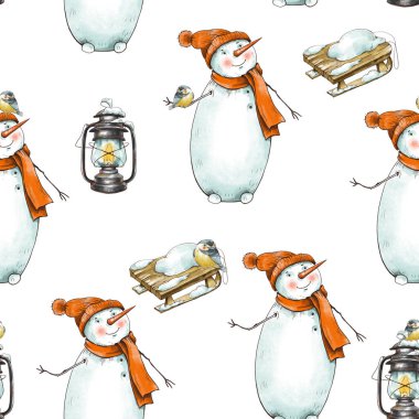 Kırmızı şapkalı sevimli bir kardan adamla, Noel 'in klasik, kusursuz desenleri. Peri masalı Yeni Yıl Tatili dokusu