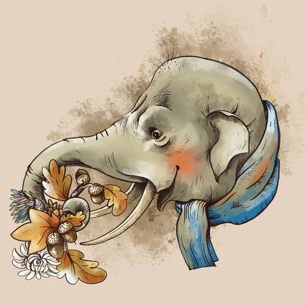 Illustration Automne Vintage Éléphant Mignon Avec Feuilles Automne Glands Brunch — Photo