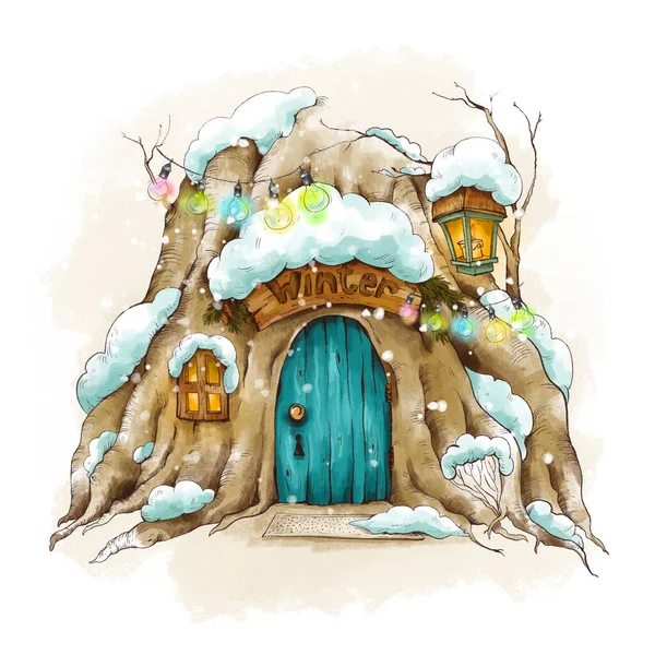 Vintage Kerstkaart Woodland Sprookjeshuis Bedekt Met Sneeuw Vakantie Nieuwjaar Illustratie — Stockfoto