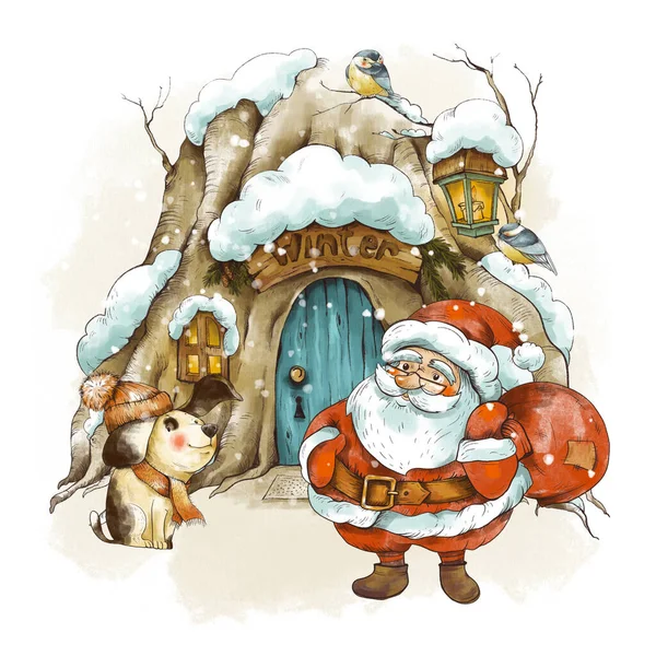 Leuke Kerstman Winterhond Vintage Kerstkaart Woodland Sprookjeshuis Bedekt Met Sneeuw — Stockfoto
