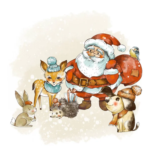Відмінна Різдвяна Листівка Санта Клаус Вудленд Казка Милий Пес Сніговик — стокове фото