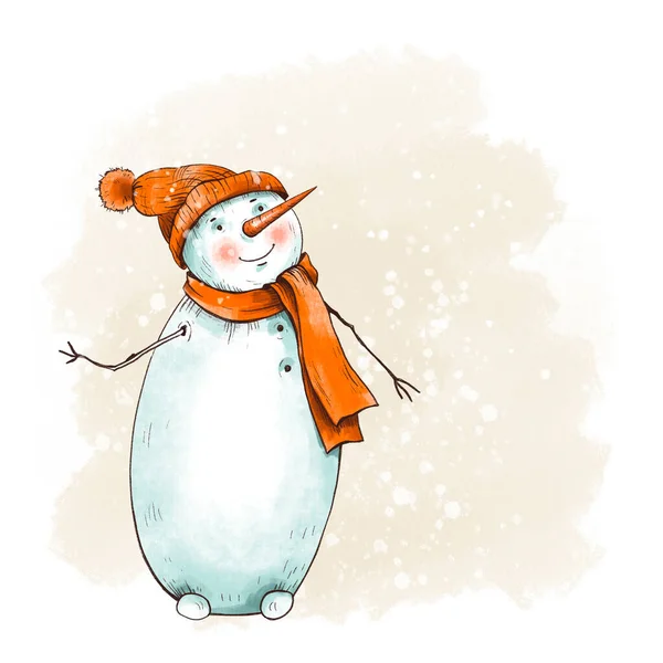 Зимняя Рождественская Открытка Милым Снеговиком Красной Шляпе Новогодняя Иллюстрация Сказке — стоковое фото