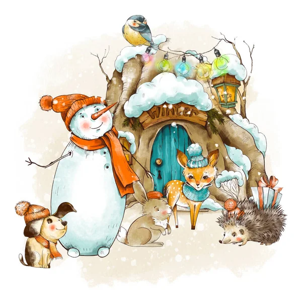 Вінтажна Різдвяна Листівка Лісовий Казковий Будинок Вкритий Снігом Милий Собака — стокове фото