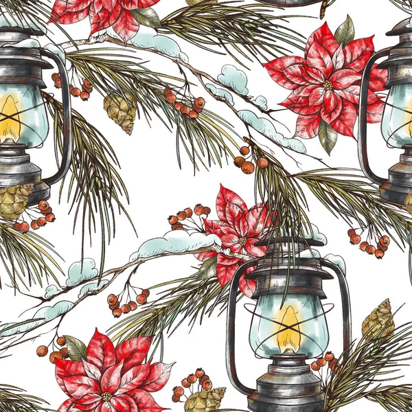 크리스마스의 꽃무늬는 전나무 가지와 미풍의 랜턴과 점착성 바닷말이 패턴이다 새해의 — 스톡 사진