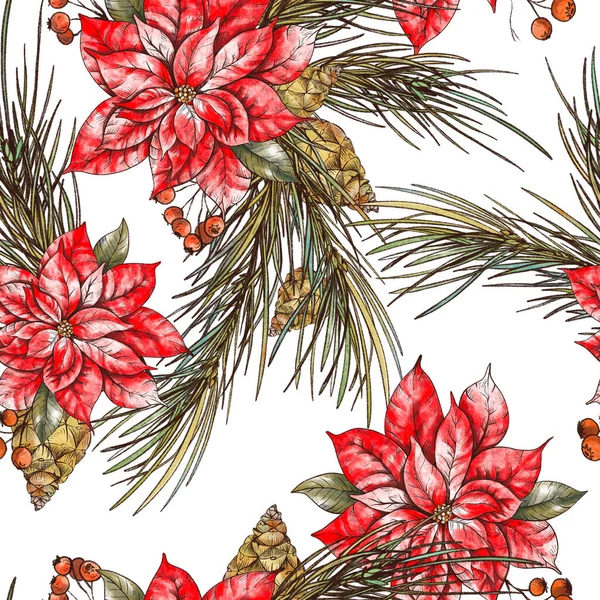 Motif Floral Sans Couture Noël Avec Branches Sapin Oiseaux Fleurs — Photo