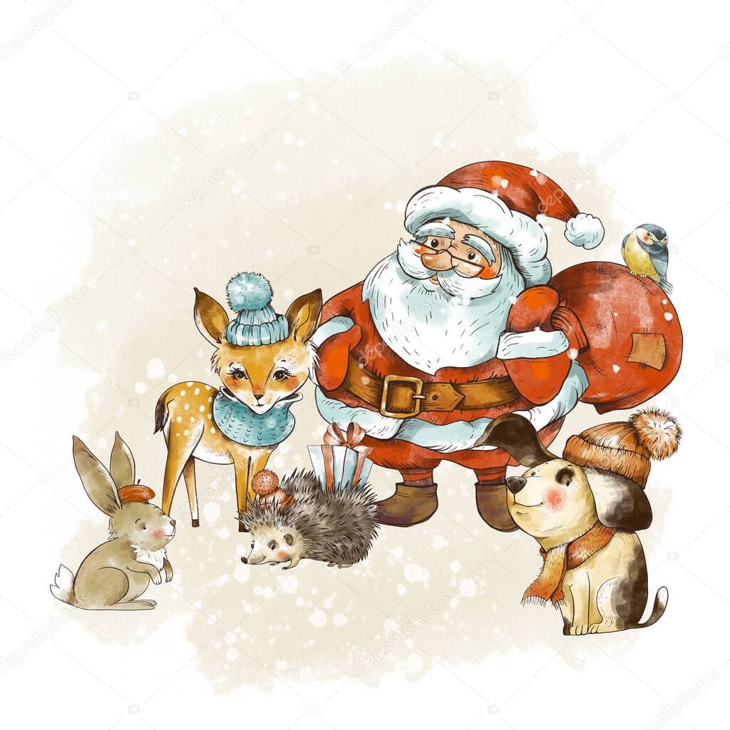 Vintage Christmas greeting card, Santa Claus. Woodland fairy tale. Cute dog, snowman, fawn, small hedgehog. Holidays New Year illustration.