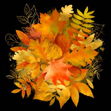 Sonbahar suluboya yaprakları tebrik kartı Sarı parlak sonbahar illüstrasyonları siyah arkaplanda klasik tarzda