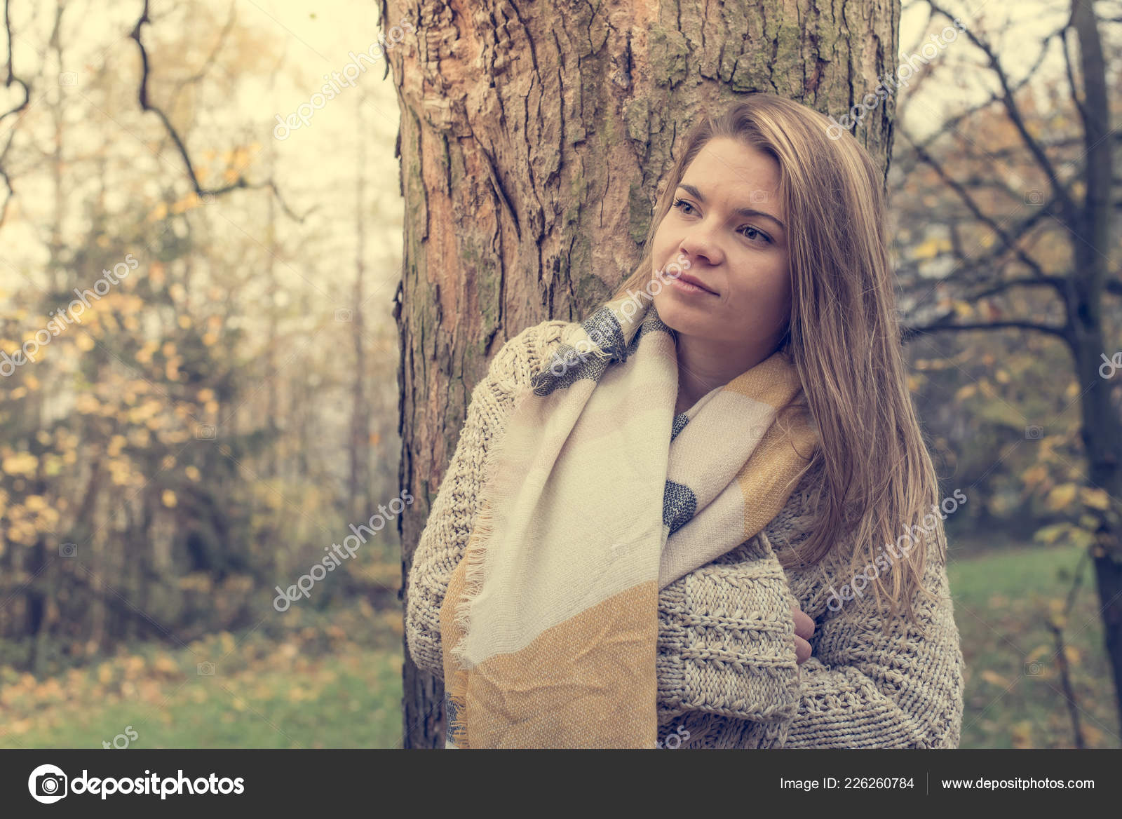 Beautiful Young Blond Haired Woman Thinking Alone Autumn Forest