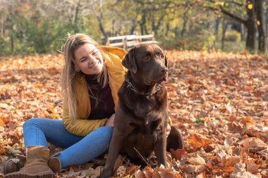 Güzel bir genç sarı saçlı kadın onun büyük kahverengi labrador köpek Park ile eğleniyor