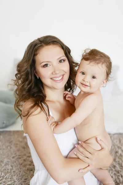 Happy Mother Hugging Her Adorable Little Daughter Greeting Card Mothers — Stock Photo, Image