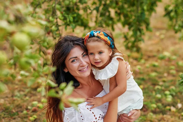 Szczęśliwa Rodzina Zbierająca Świeże Organiczne Jabłka Owocowe Farmie Uśmiechnięta Młoda — Zdjęcie stockowe
