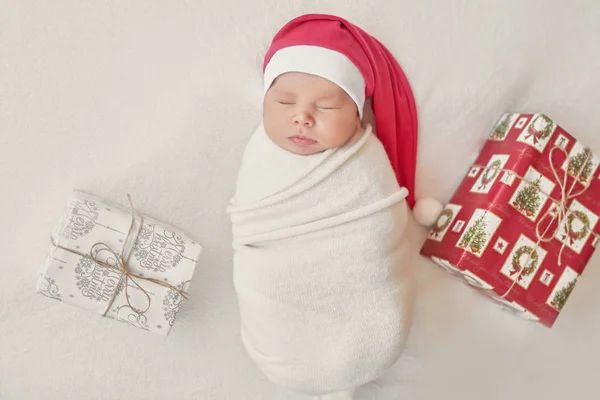 Sleeping Two Week Old Newborn Baby Wearing Santa Hat Baby — Stock Photo, Image