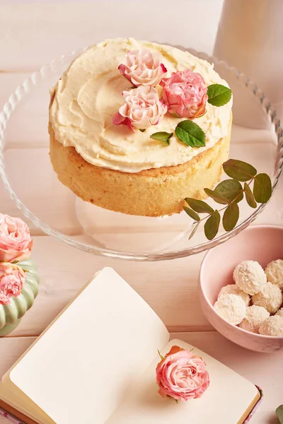 Torta Nuda Con Rose Sfondo Bianco — Foto Stock