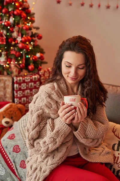 Menina Com Uma Xícara Marshmallow Interior Ano Novo Casa — Fotografia de Stock