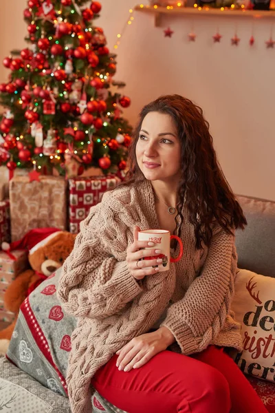 Menina Com Uma Xícara Marshmallow Interior Ano Novo Casa — Fotografia de Stock