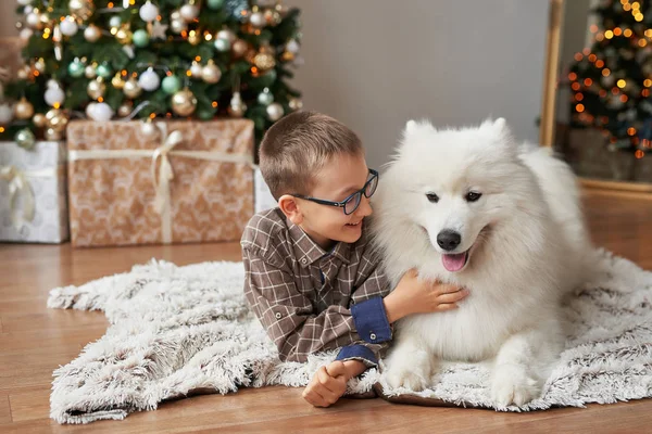 Niño Con Perro Cerca Del Árbol Navidad Fondo Navidad — Foto de Stock