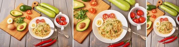 Spaghetti Med Grönsaker Avokado Paprika Körsbärstomater Och Parmesanost Som Del — Stockfoto