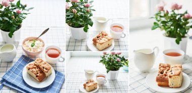 güveç, süzme peynir, çay süt ve tablo pencerenin karşısında üzerinde bir tencerede pembe güller