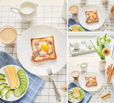 yumurta bir tost jambon, avokado, salatalık, peynir bir plaka üzerinde bir fincan kahve kahvaltı için dilimleri ile