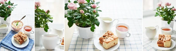 Auflauf Quark Tee Mit Milch Und Rosa Rosen Einem Topf — Stockfoto