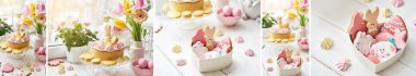 Gingerbread tablo, tablo Easter pastayla çiçekler, tavşan ve yumurta ile süslüdür