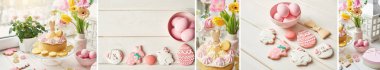 Gingerbread tablo, tablo Easter pastayla çiçekler, tavşan ve yumurta ile süslüdür