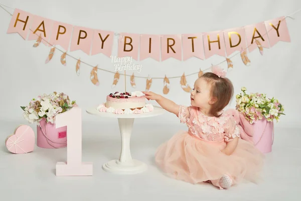 Kız bir doğum günü pastası ile 1 yaşındaki bebek Fotoğraf oturumu