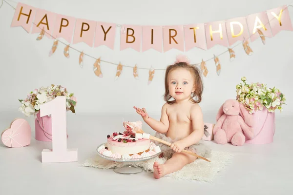 Születésnapi Torta Éves Lány Baba Fotózást — Stock Fotó