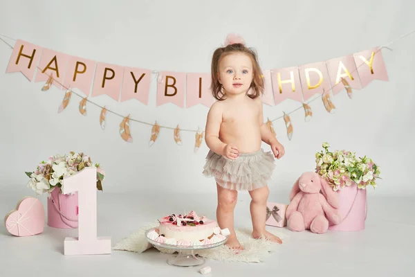 Születésnapi Torta Éves Lány Baba Fotózást — Stock Fotó