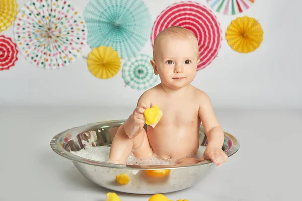 Boy Milk Bath Birthday Party Bright Background — Stock Photo, Image