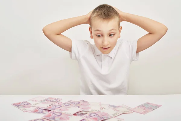 Boy Money Hryvnia White Background — Stock Photo, Image