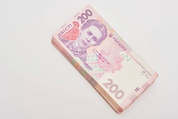 白い背景にウクライナのお金フリヴニャ — ストック写真