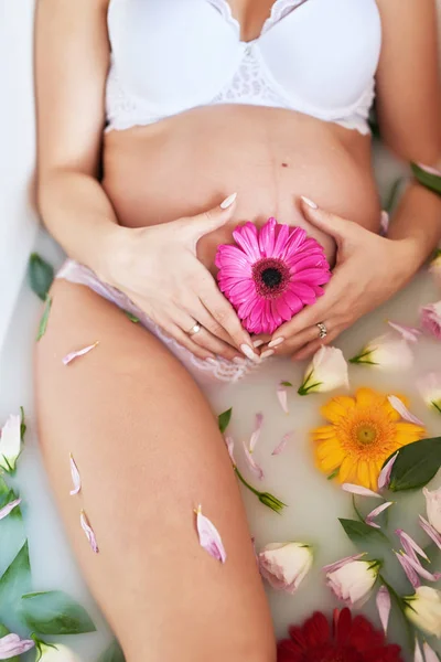 Pregnant Girl Milk Bath Flowers Stock Photo