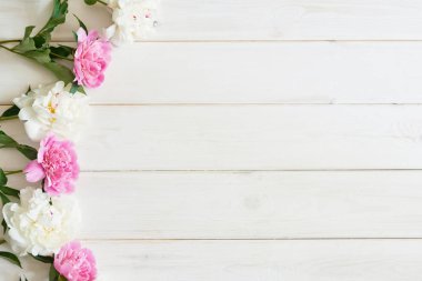 ambalaj şablonu, ahşap beyaz arka plan üzerinde şakayık düzeni